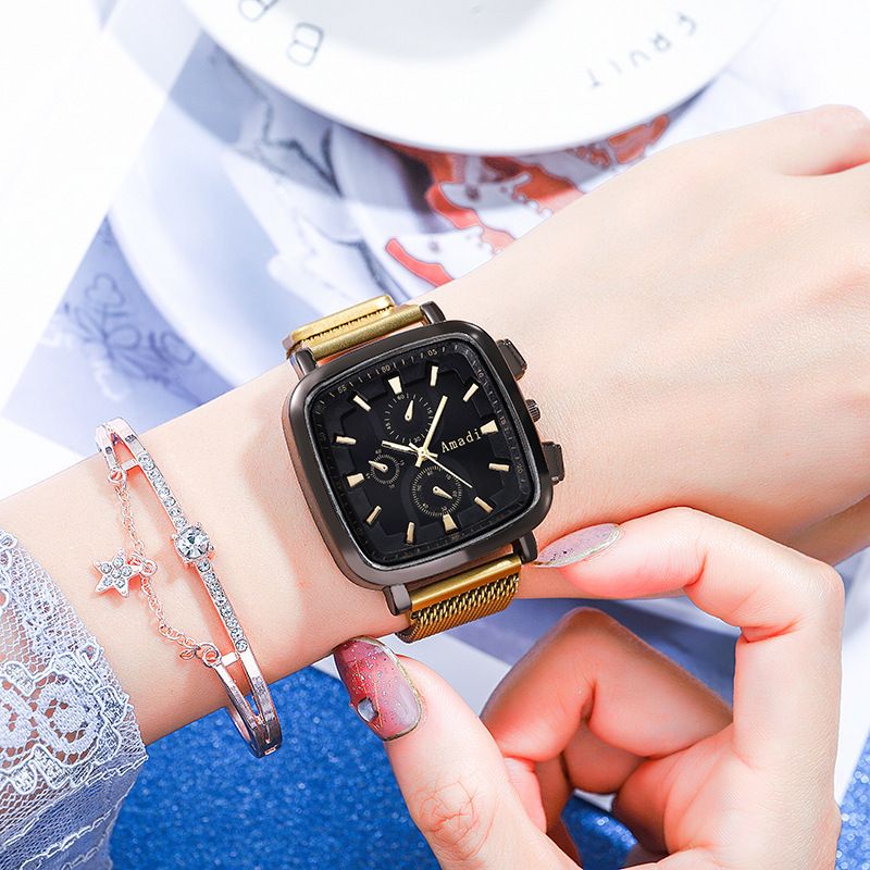 Orologio da donna Orologio quadrato Orologio a tre occhi Lega a maglie con moda Orologio casual Orologio da donna alla moda per studenti_voghion.com