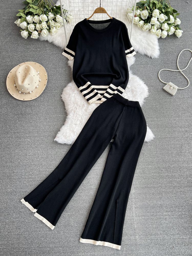 2024 Nuevo traje de moda para mujer primavera estilo coreano cuello en V suelto contraste de color tejido de dos piezas cintura alta pantalones de pierna ancha_voghion.com