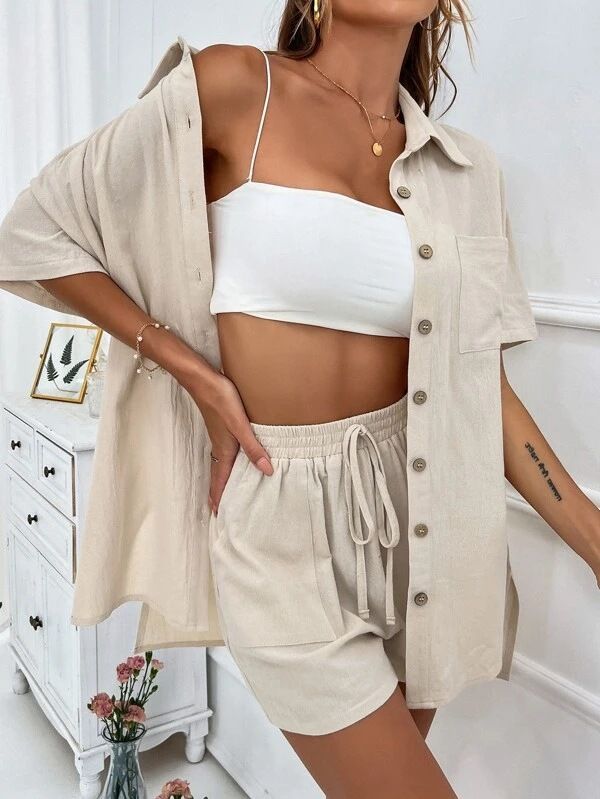 Ensemble deux pièces pour femme, short, chemise unie, décontracté, ample, manches courtes, simple boutonnage_voghion.com