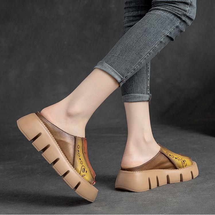 Johnature Hakiki Deri Kalın Taban Sandalet Kadın Retro Takozlar Slaytlar Rahat Açık Platform Terlik_voghion.com