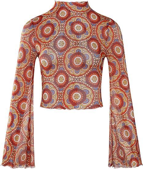 Top corto da donna con maniche a campana in rete floreale, colletto arricciato e orlo a lattuga_voghion.com