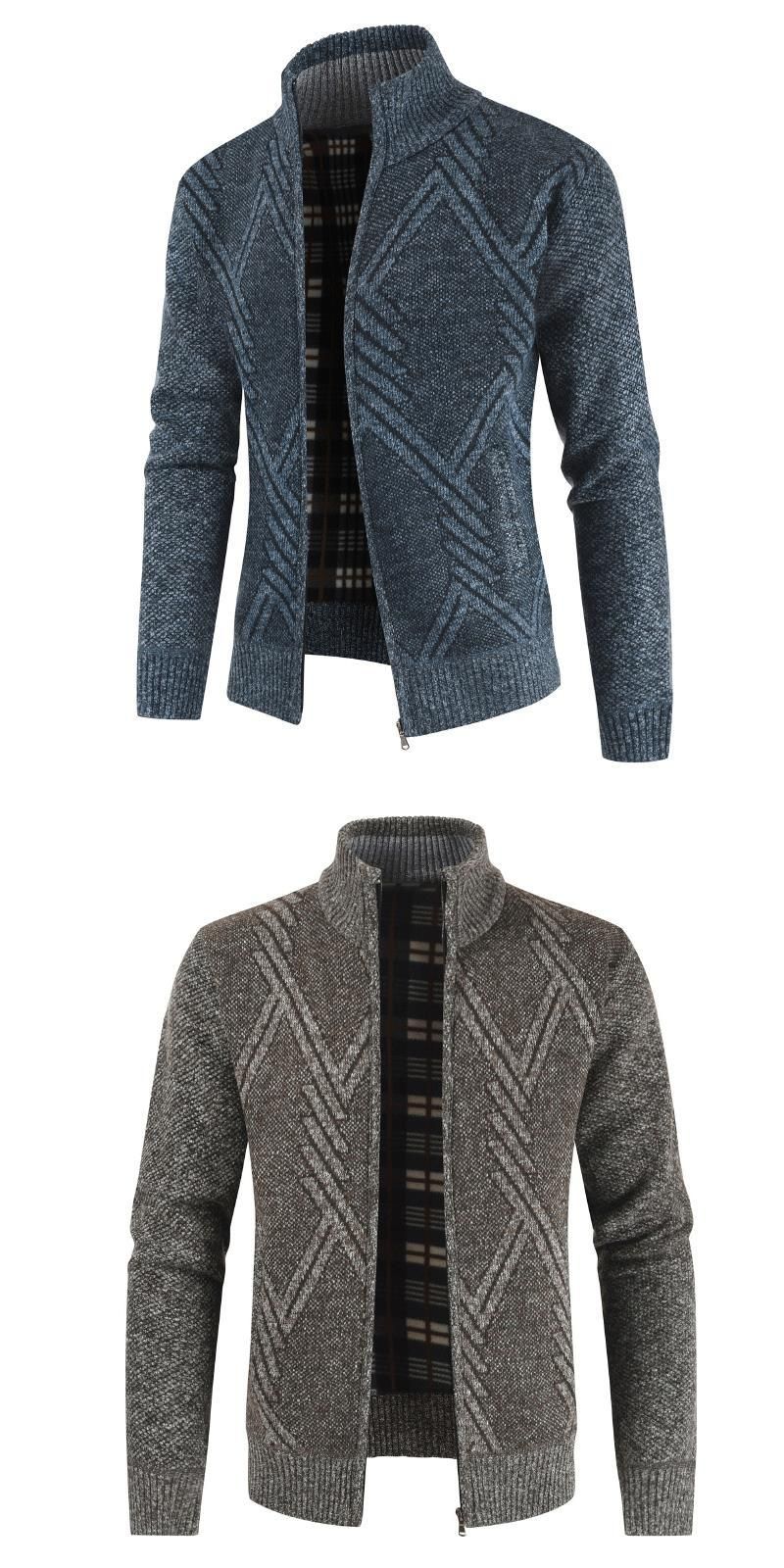 Men's slim fit stand up collar, thickened velvet geometric shape knitted sweater, plus size cardigan jacket_voghion.com