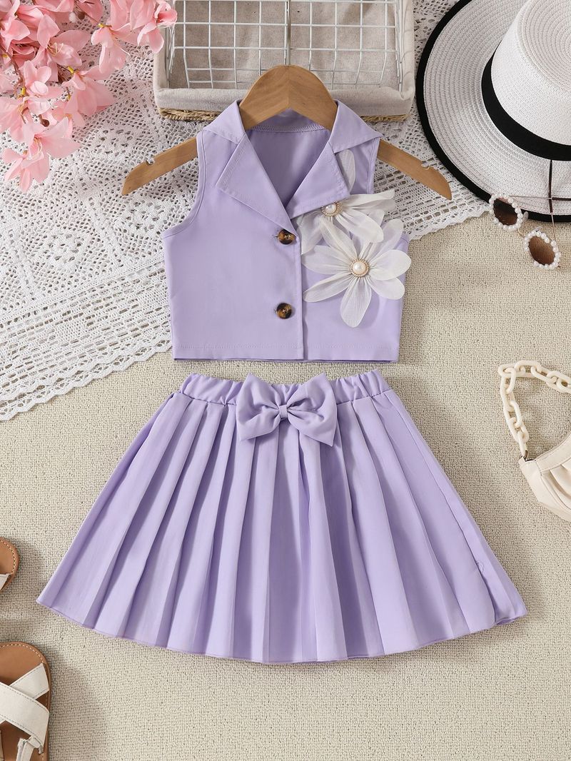 Kinderkleidung Sommer Neuer Stil Mädchen Dreidimensionales Blumen-Oberteil mit Faltenrock Zweiteiliger Anzug für Kinderkleidung_voghion.com