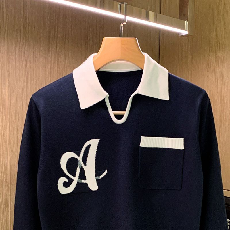2025d Trendy Turn-down Knit Sweater Top Autumn Winter New Style Personality Color-block Collar Polo Shirt Men's Long Sleeve_voghion.com