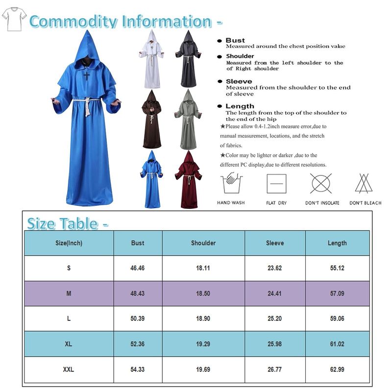 Medieval Monk Robe Hooded Monk Cowl Renaissanc Cape Priest Robe Halloween Cosplay Costume Wizard Fancy Punk Cloak Mask_voghion.com