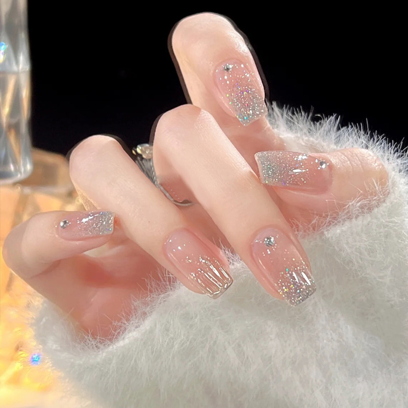 Lange Ballerina 24 Stück künstliche Nägel, vollständig bedeckende Nagelspitzen, gelbe französische Kunstnägel mit Aurora-Strasssteinen, zum Aufdrücken_voghion.com