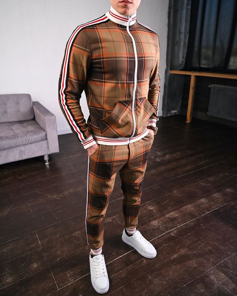 European and American striped sports casual suit men's large size slim sports trousers jacket two-piece set spring and autumn_voghion.com
