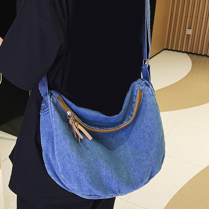 Lihanbao Stylish Messenger Bag Denim Crossbody Bag Casual Canvas Tote Large Capacity Adjustable Strap Zip Closure Student Satchel For Women -Dark Blue_voghion.com