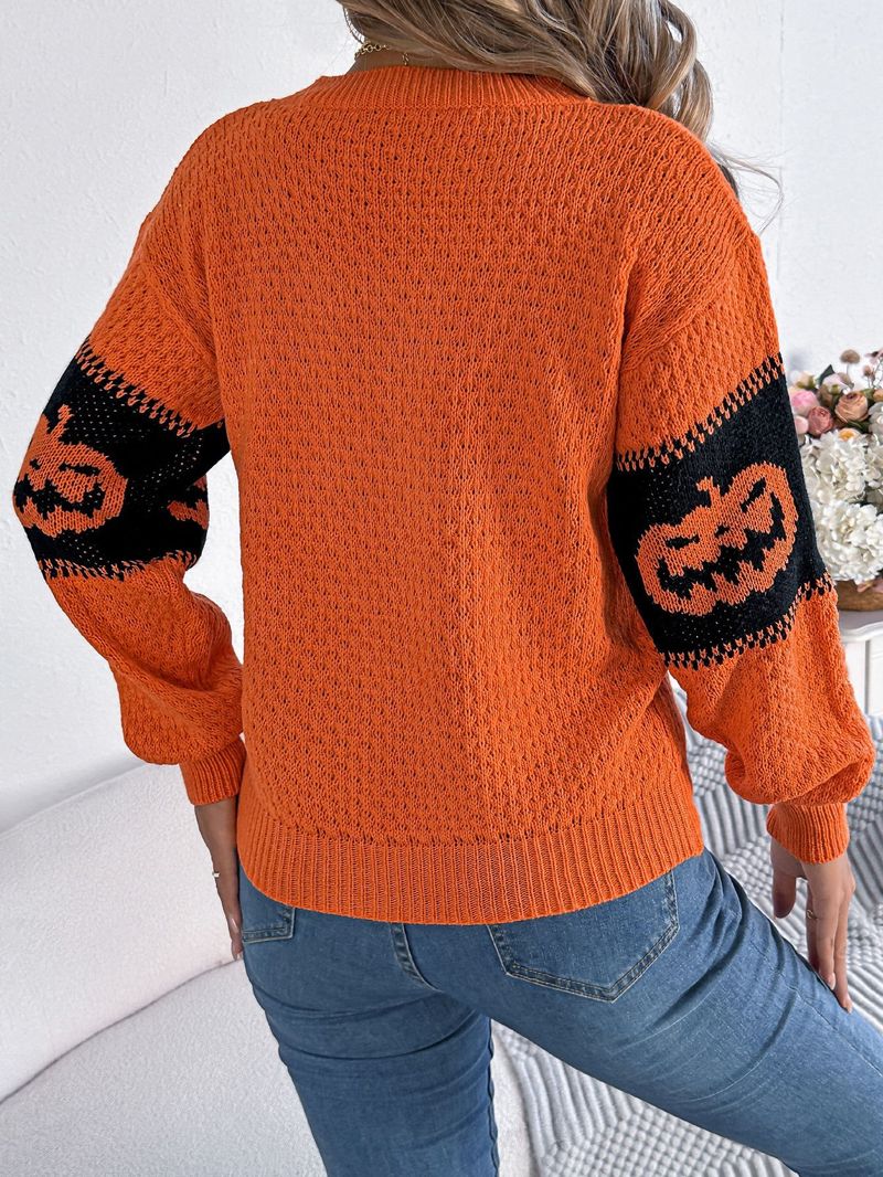 Herbst Winter Halloween Thema Kürbiskopf Farbblock Langarm Pullover Pullover Damenmode_voghion.com
