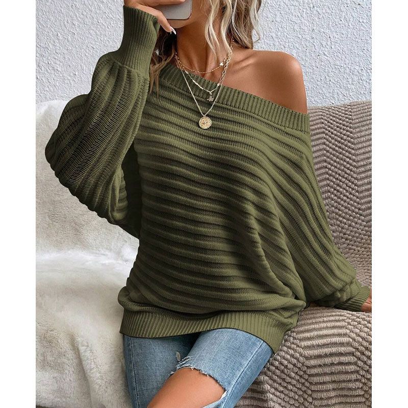 Eleganter Strickpullover mit Fledermausärmeln und U-Boot-Ausschnitt für Damen – weicher Acrylstoff, entspannte Passform, vielseitiger Pullover in Volltonfarbe für Herbst und Winter_voghion.com