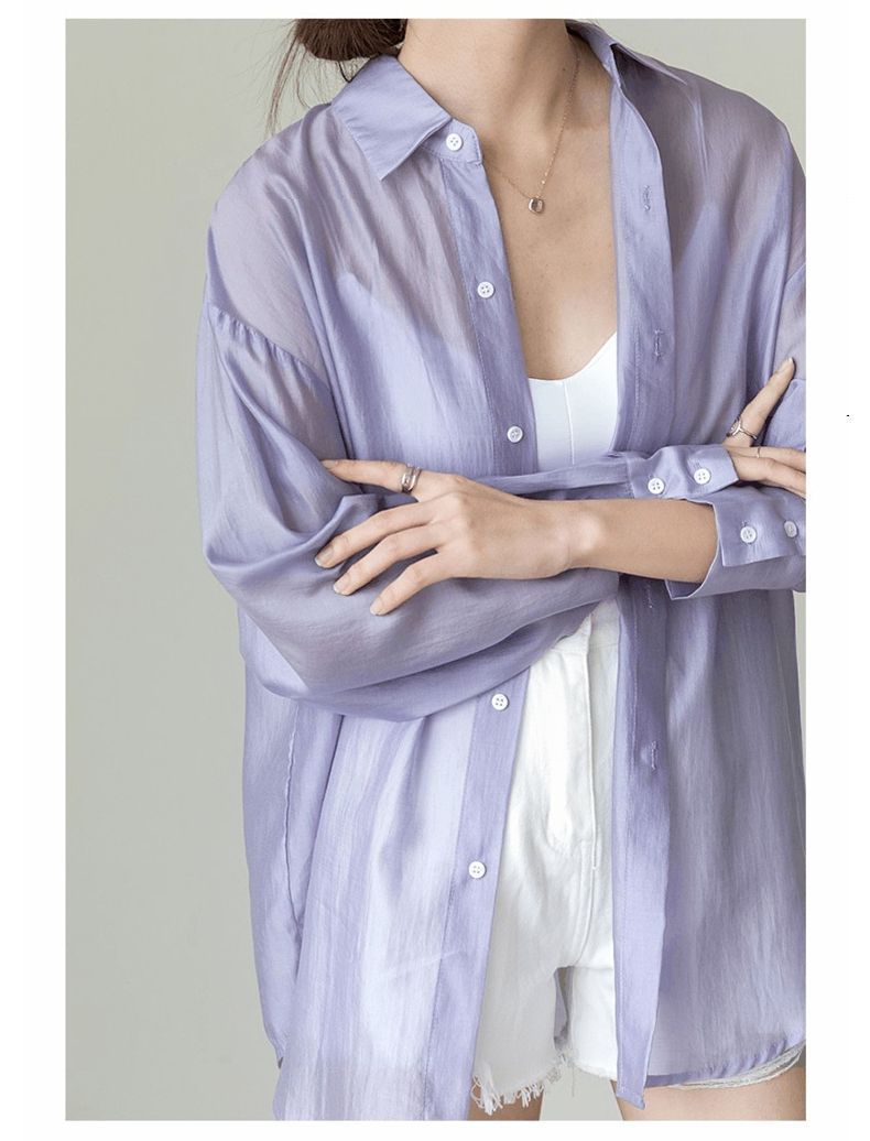 Ragazza Versatile Donna Sottile Estate Nuovo Design Senso Niche Schiena Scoperta Cravatta Micro-Trasparente Protezione Solare Camicia Stile Pigro_voghion.com
