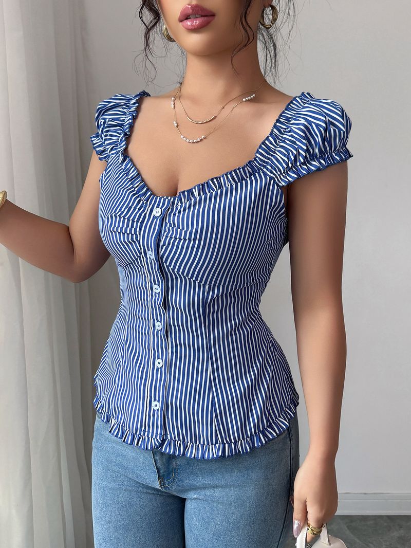 Abbigliamento da donna, elegante camicia a maniche corte a righe con bottoni, abbigliamento da donna_voghion.com
