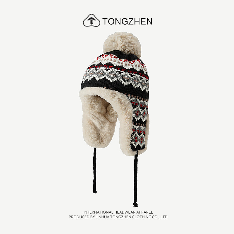 Estilo étnico jacquard malha feminina no outono e inverno, pelúcia Lei Feng para passeios, esqui, proteção auricular, lã_voghion.com