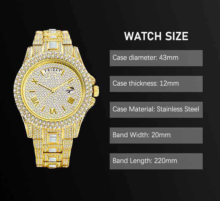 MISSFOX Dual Calendar New Full Diamond Luxury Men's Quartz Gentlemen's Watch Gold Fashion_voghion.com