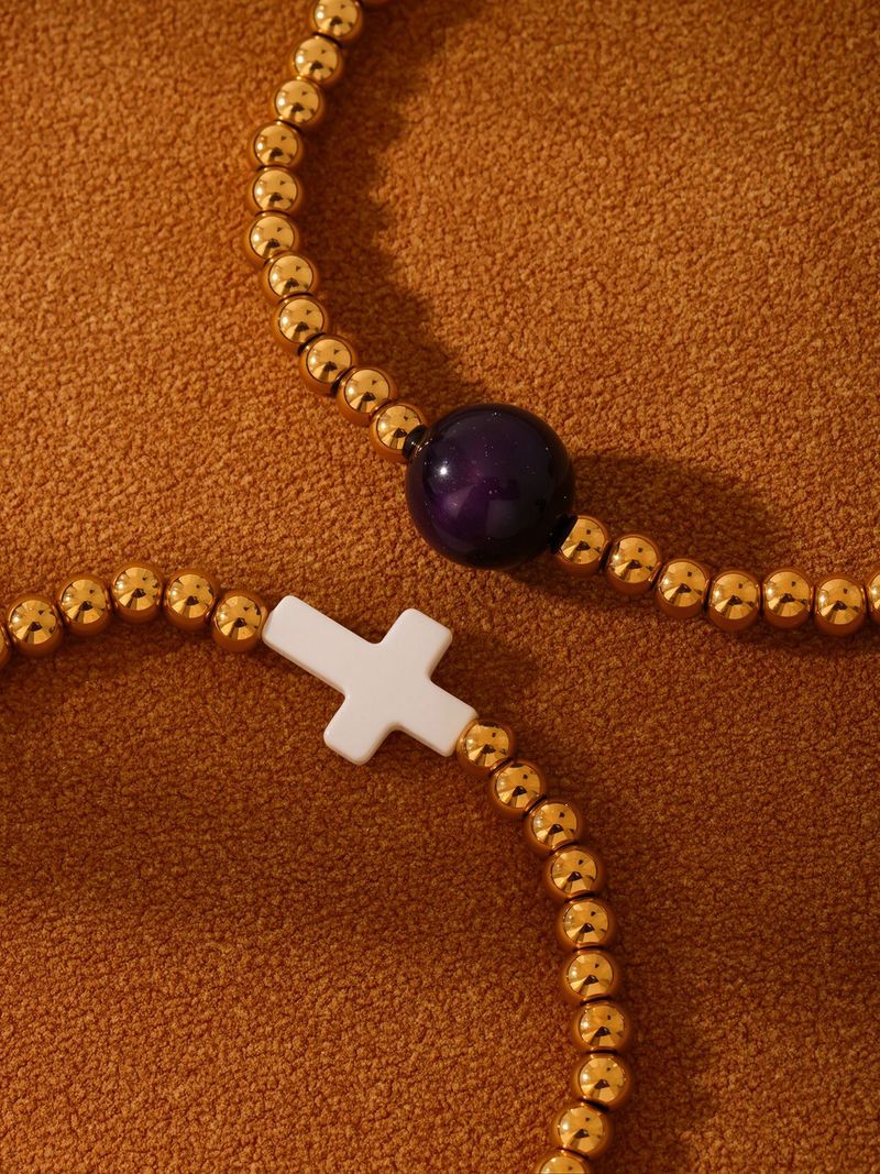 Damenschmuck Riesenrad Edelstahl Goldperlen Leichtes Luxusarmband Muschelkreuz Achatperlen Elastisches Armband_voghion.com