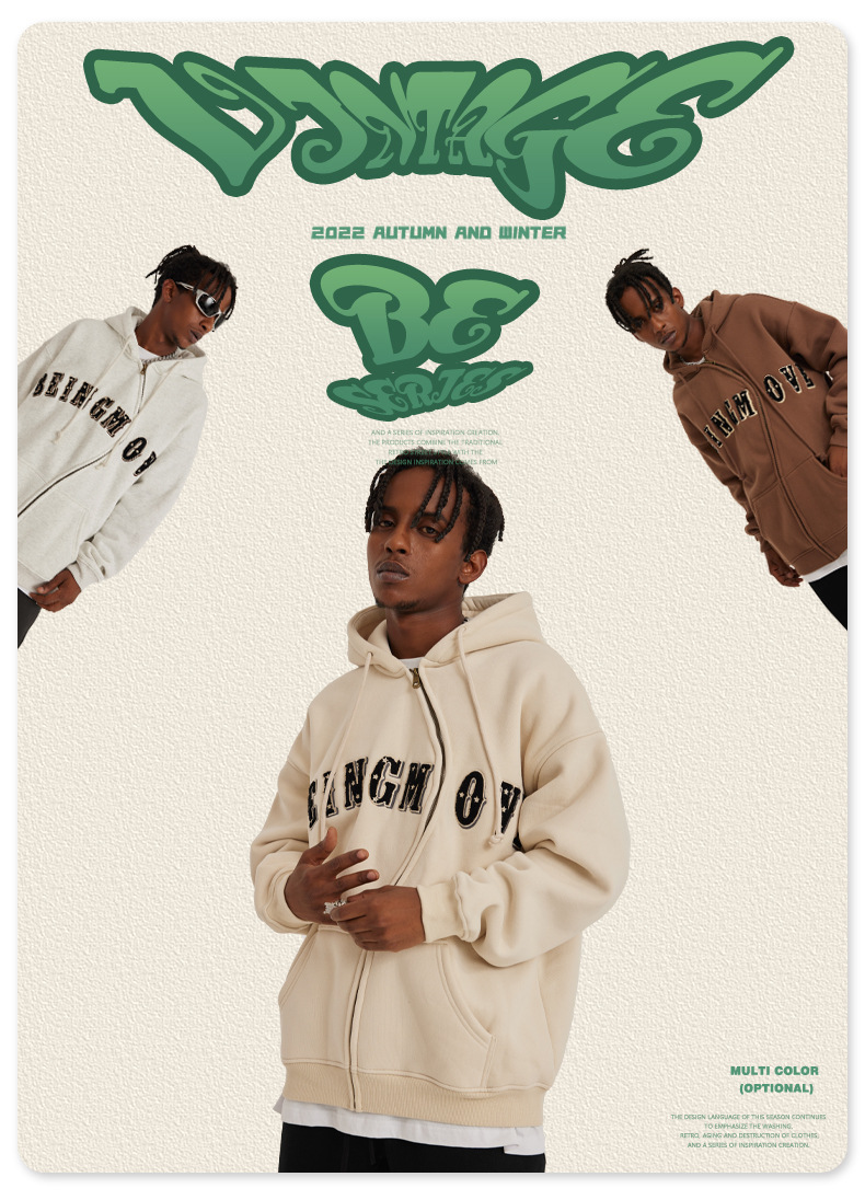 Herr höst och vinter tungvikts amerikansk handduk broderad polar fleece S-formad dragkedja sweatshirt lös trendig märkeshuvtröja för män_voghion.com