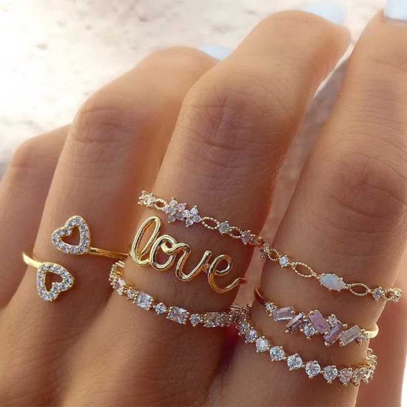 Ensemble de bagues ouvertes en forme de cœur et de papillon, serties de diamants, style Niche, avec motif étoile et lune empilables_voghion.com