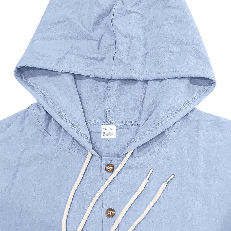 Spring And Autumn American Loose Men's Loose Linen Casual Simple Beach Hooded Long Sleeve Shirt Men_voghion.com