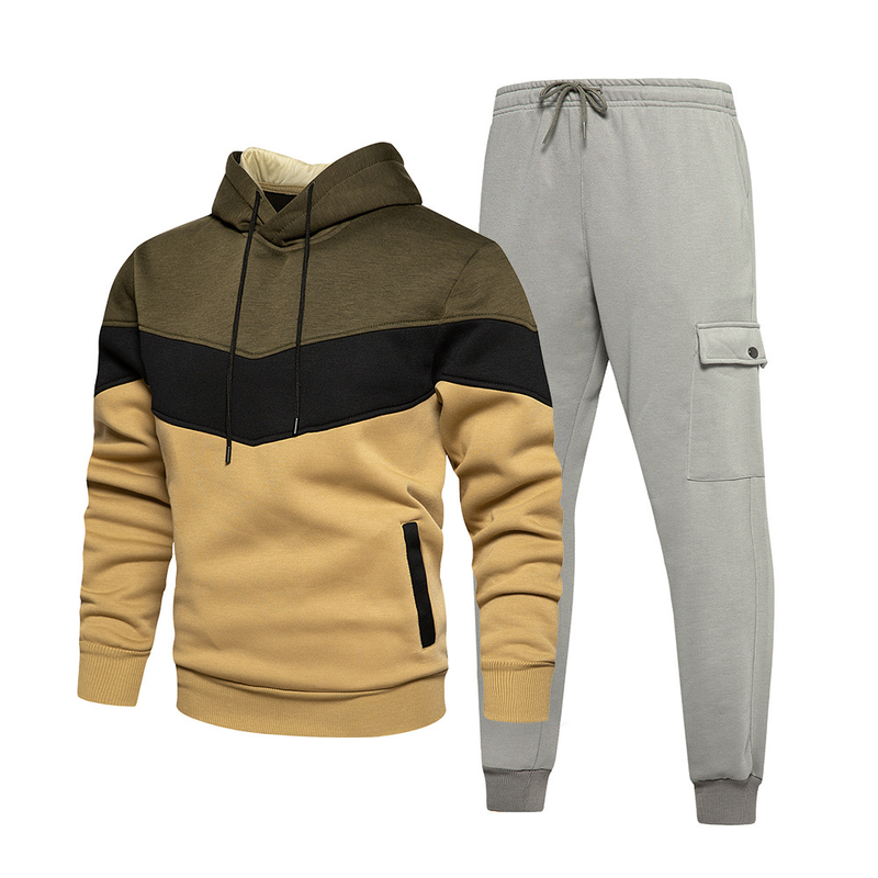 Conjunto deportivo informal de dos piezas con capucha y contraste de color para hombre_voghion.com
