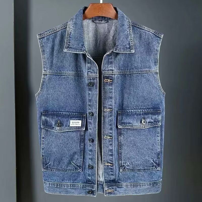 Kavbojski telovnik za moške, nova delovna oblačila, majica brez rokavov, ohlapna jeans jakna, nišni dizajn, robusten in čeden_voghion.com