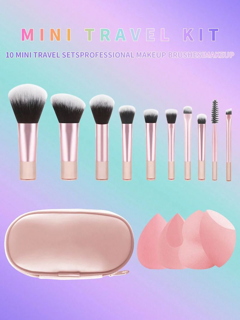 10-teiliges Regenbogen-Reise-Make-up-Pinsel-Set mit 4 Mischschwämmen, Etui mit Reißverschluss, kompaktes Kosmetikpinsel-Set mit kurzem Griff, tragbare Make-up-Grundausstattung_voghion.com