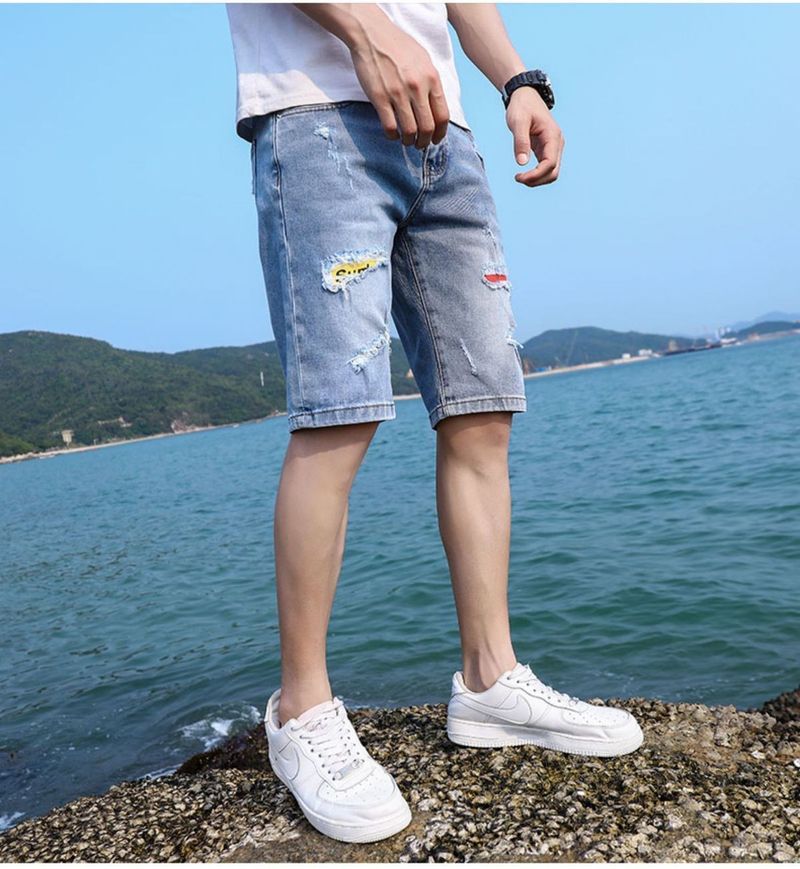 Pantaloncini di jeans sottili estivi alla moda, larghi 5/4, casual elasticizzati con toppe strappate per pantaloni da uomo_voghion.com