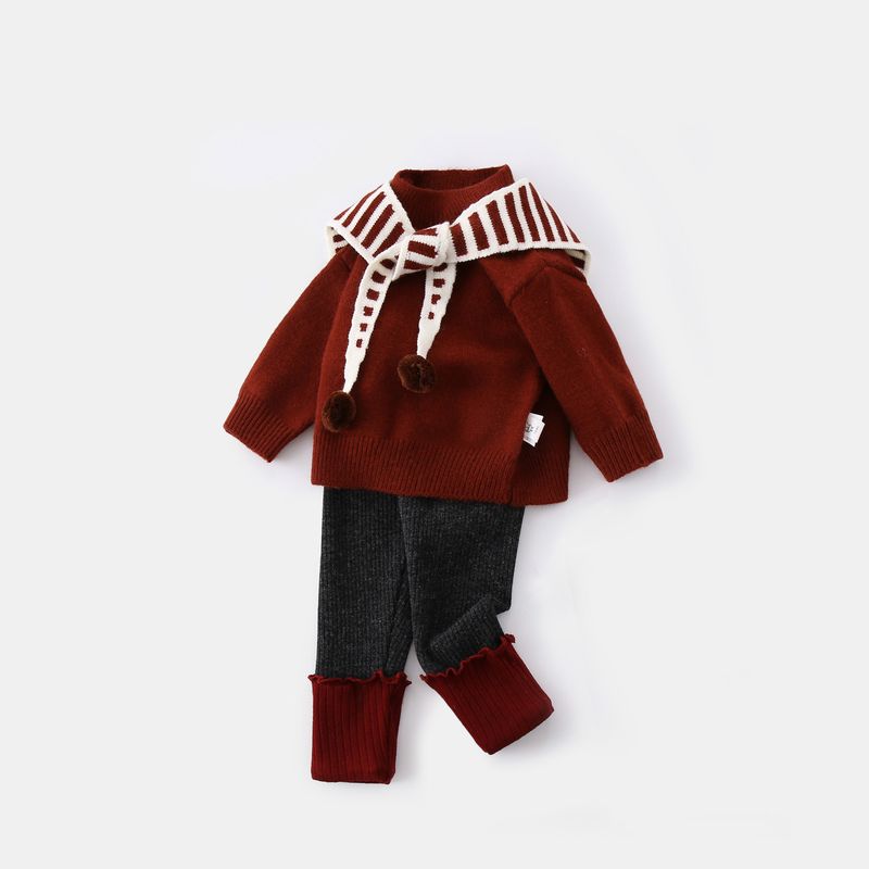 Maglione per bambine 2025 Nuovo scialle di colore contrastante Pullover per bambini Neonata Autunno Maglione lavorato a maglia per bambina Autunno e inverno_voghion.com