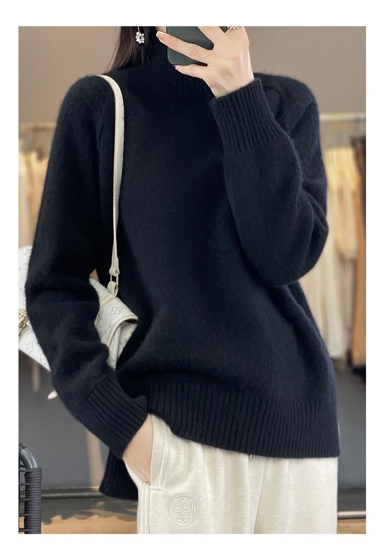 Damenbekleidung: Strickpullover mit Saum – Weiche Schafwollmischung, Pullover mit hohem Halsausschnitt, lässige, lockere Passform, einfarbiges Oberteil (Weiß, Beige, Khaki, Grau, Schwarz)_voghion.com