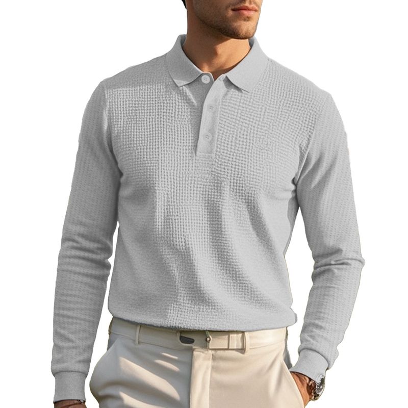 Herren-Poloshirt mit Waffelstrick und langen Ärmeln – Lockere Passform mit asymmetrischem Detail (Weiß/Schwarz/Gelb/Burgunderrot/Hellgrau/Himmelblau, S-XXXL)_voghion.com