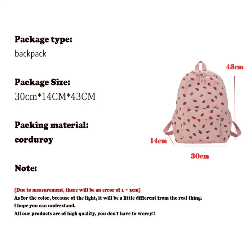 Corduroy Strawberry Backpack Student Multi Pocket Youth Adjustable Strap Notebook Outdoor Mochila Escolars 250408l_voghion.com