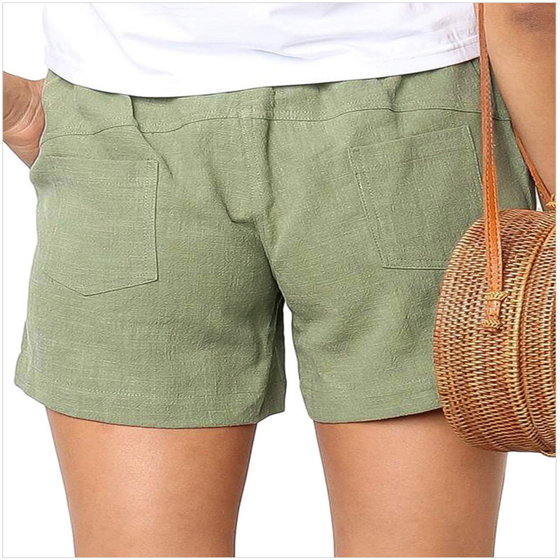 Frauen Kordelzug elastische Taille Baumwolle und Leinen Casual Shorts Frauen Spot_voghion.com