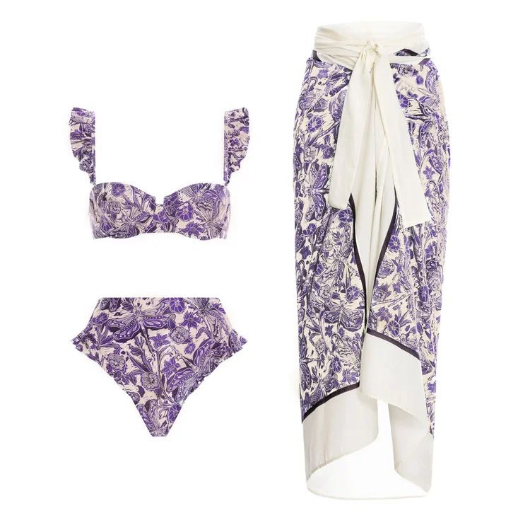 Traje de baño de una pieza con estampado de libélula púrpura hueco con cordón en la cintura de nuevo estilo para mujer y traje de falda cruzada estilo popular_voghion.com