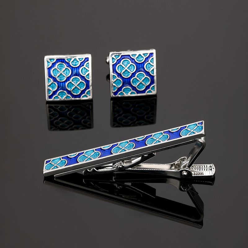 Unisex Fashion blue pattern French metal cufflinks tie clip set men's business shirt sleeve nails_voghion.com