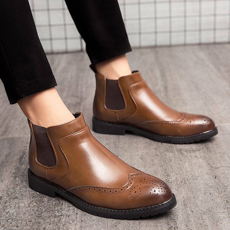 Euro Step Grote Maat Brogue Gesneden Trendy Britse Koreaanse Stijl Winterschoenen Hoge Leren Laarzen Heren Business_voghion.com