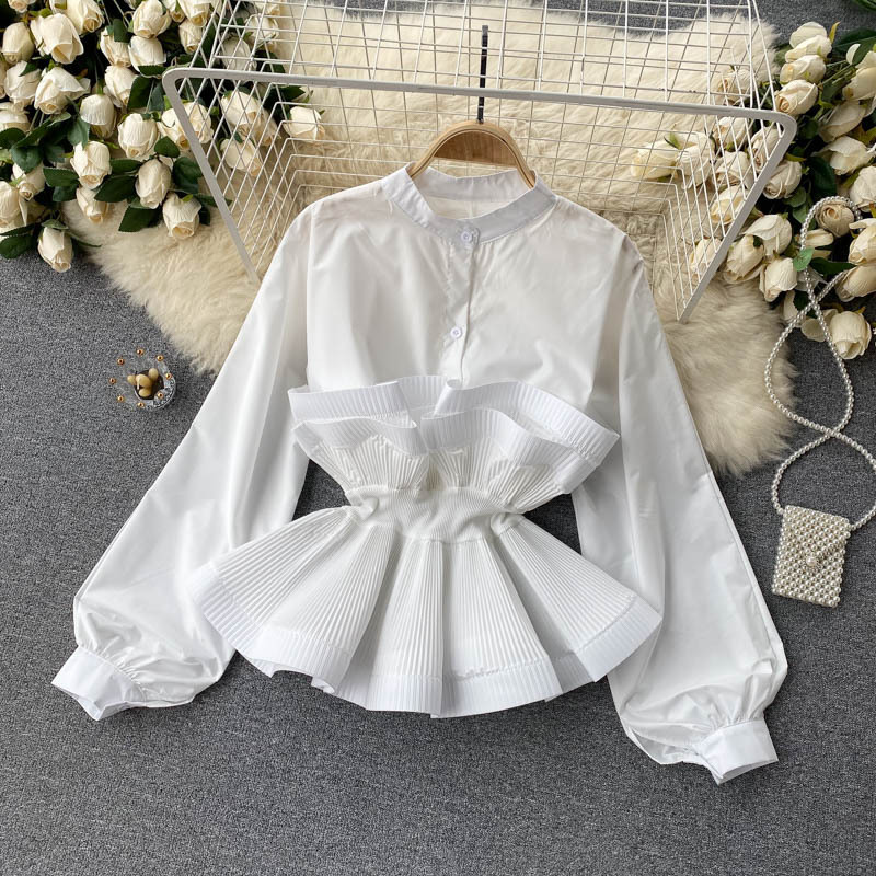 Abbigliamento Donna Camicie a maniche lunghe per donna con un design di nicchia, volant plissettati tridimensionali, vita sottile e versatili top primaverili per donna_voghion.com