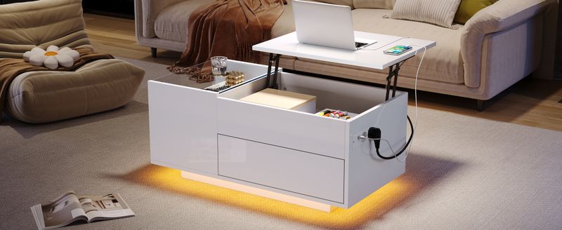 Table basse réglable en hauteur 95 x 48 x 42 cm avec rangement dissimulé, éclairage LED, tiroir et prise – Table d'appoint de salon blanche_voghion.com
