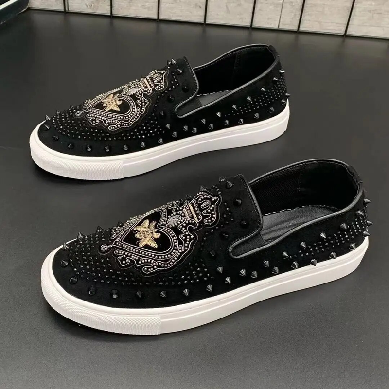Chaussures en cuir rivets brodés pour hommes, mocassins à enfiler, chaussures plates décontractées, baskets loisirs,_voghion.com