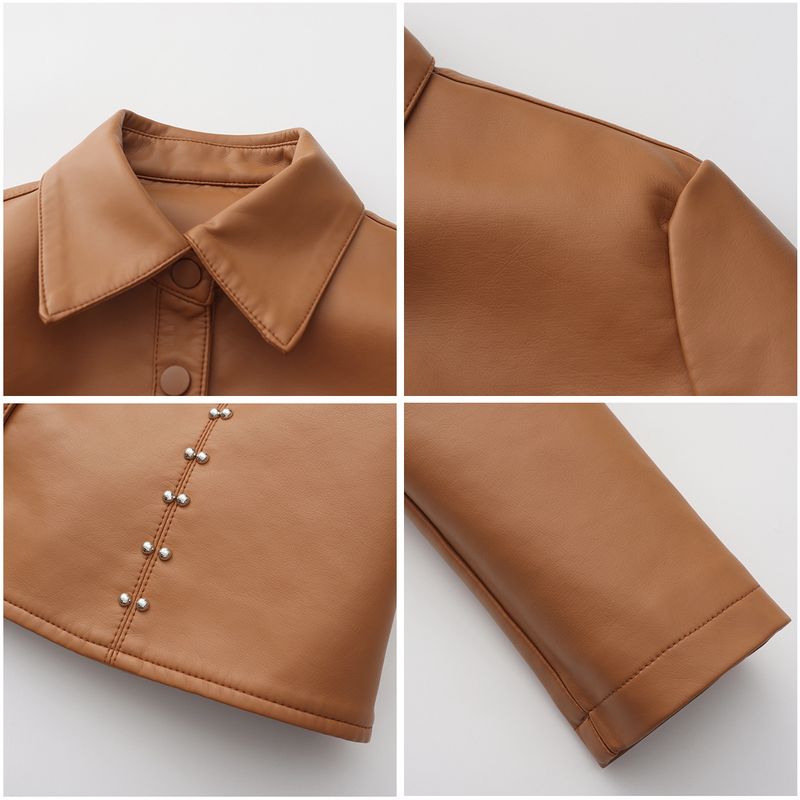 Dameskleding Lente en herfst Nieuwe klinknagel leren jas Cardigan knopen leren jas Mode dunne jas Dameskleding_voghion.com