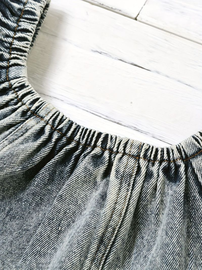 "Kids' Denim Wash Short-Sleeve Top + Asymmetrical Skirt & Belt 3-Piece Set – Soft Cotton Blend, A-Class Safe, Stylish For 3-8 Years (90-130cm)"_voghion.com