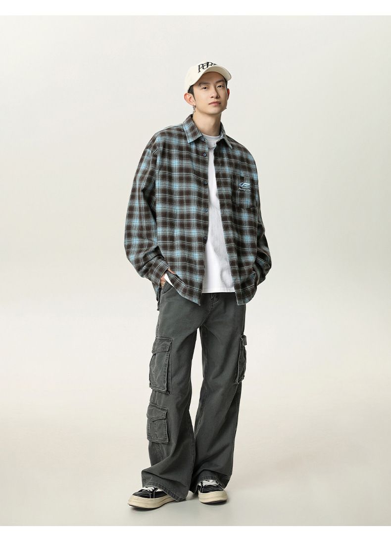 Camicia a quadri vintage – Unisex oversize a quadri, manica lunga, con bottoni (M-XXL, grigio-marrone/blu-marrone)_voghion.com