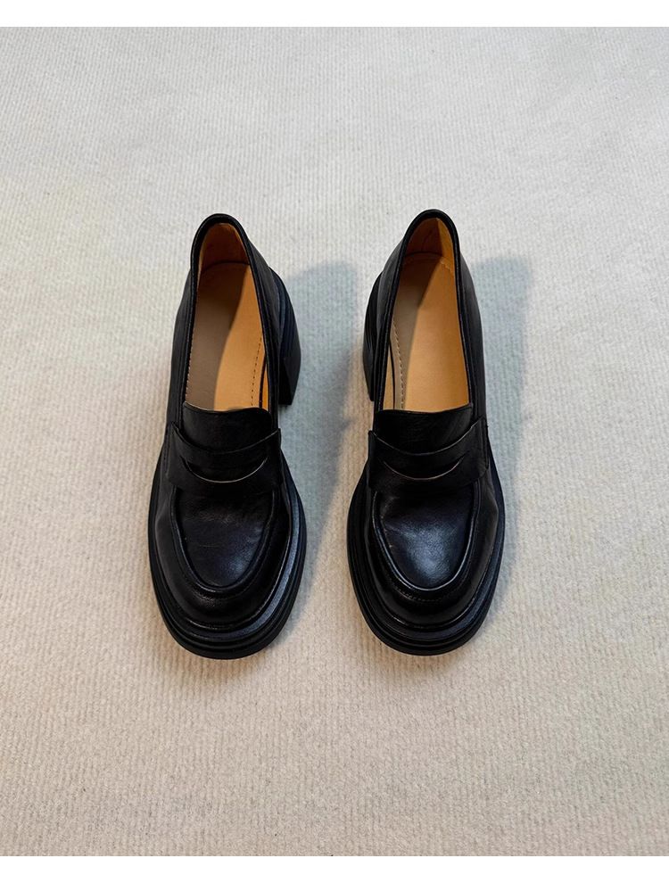 Sheepskin Version ~ Lan Cabinet Thick Sole Chunky Heel Loafers For Women, Petite Height Increasing Slip-On Simple_voghion.com