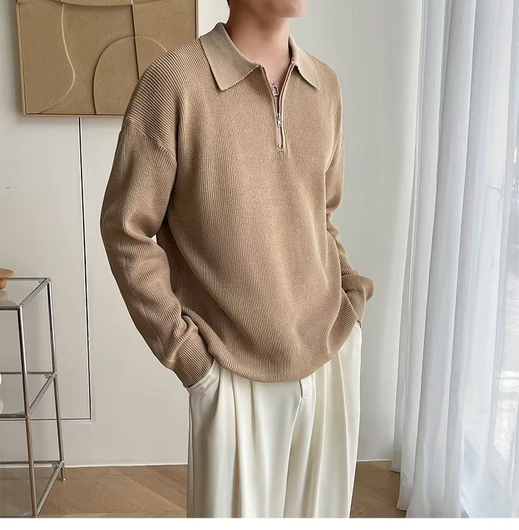 Maglione da uomo con colletto polo e mezza zip, autunno inverno, pullover lavorato a maglia, stile giapponese, semplice, casual, elegante, base_voghion.com