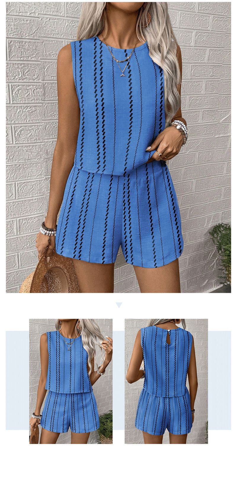 Ensemble haut sans manches et short à rayures rétro – Polyester respirant (S-XL) | Tenue d'été 2 pièces_voghion.com