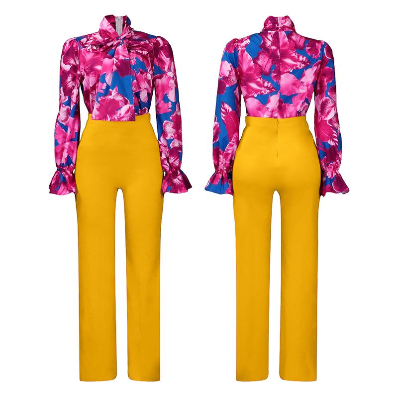 Dameskleding herfst en winter losse grote maten casual bedrukte shirts met lange mouwen wijde pijpen broeken cross border tweedelige set_voghion.com