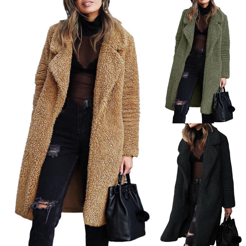 New Autumn Winter Polyester Spandex Women Winter Thicken Plush Lapel Solid Color Long Sleeve Warm Cardigan Midi Coat_voghion.com