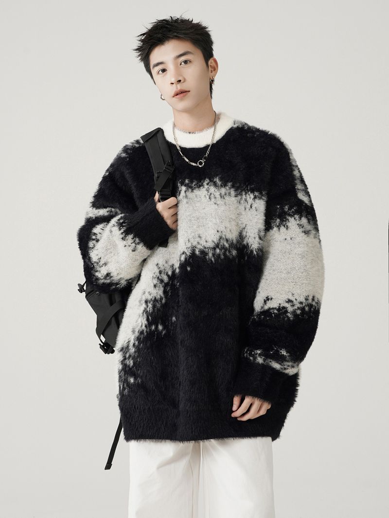 Suéter masculino de lã vison tie-dye com blocos de cores - Pulôver aconchegante e estiloso para o inverno, casual e moderno._voghion.com