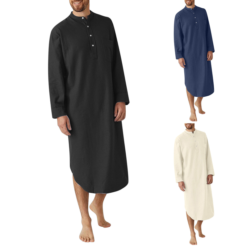 Man's clothing Fashion robe Long sleeve button solid color printed shirt Muslim men's robe_voghion.com