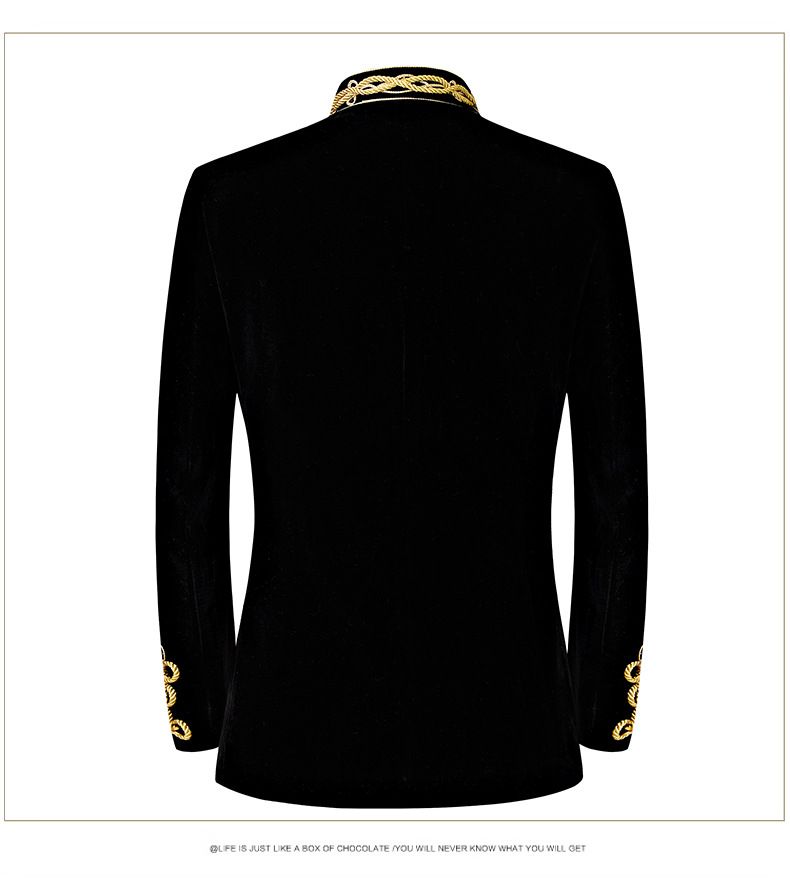 Rochie de palat pentru bărbați, rochie militară retro aristocratică, jachetă cu frânghie aurie, neagră, încrustată cu fir de aur, costum de performanță în scenă_voghion.com