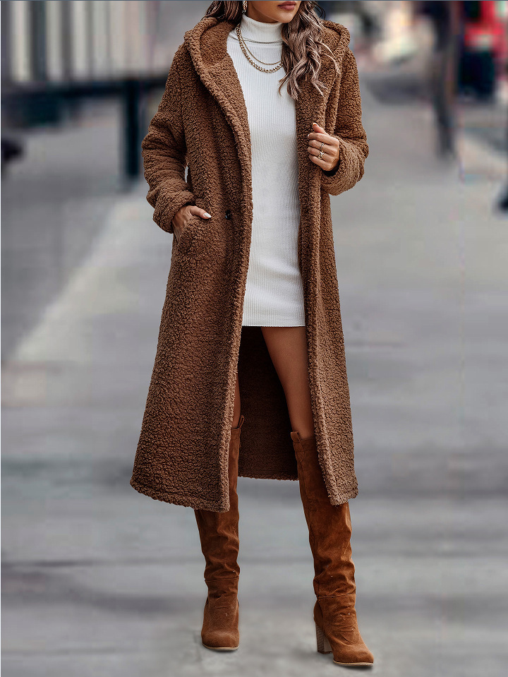 Moda Outono/Inverno Comprimento Net Cor Manga Comprida Plush Casaco Com Capuz Feminino Casaco Corta-vento_voghion.com