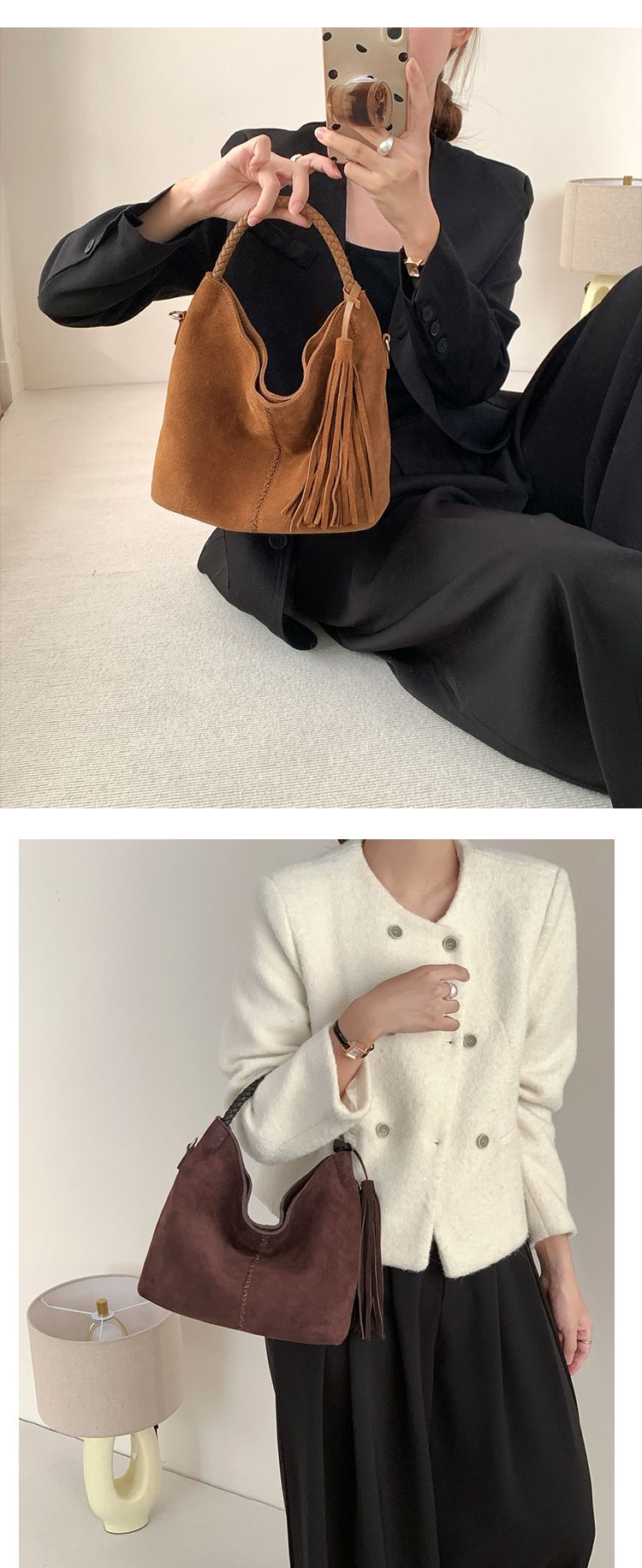 Borsa a secchiello con nappe cucite a mano in pelle di vacchetta smerigliata, nuovo modello 2024, borsa in pelle scamosciata, borsa a tracolla per donna_voghion.com